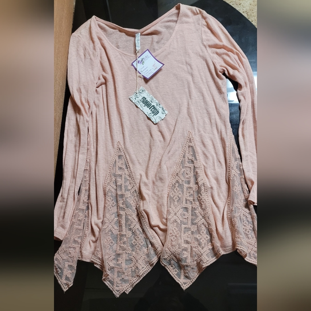 Pink long sleeve tunic with crochet and see through accents